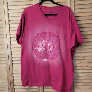 Upcycled Bleach Lace Tee Boho Mandala Design Maroon Gildan V-Neck T-Shirt 2XL